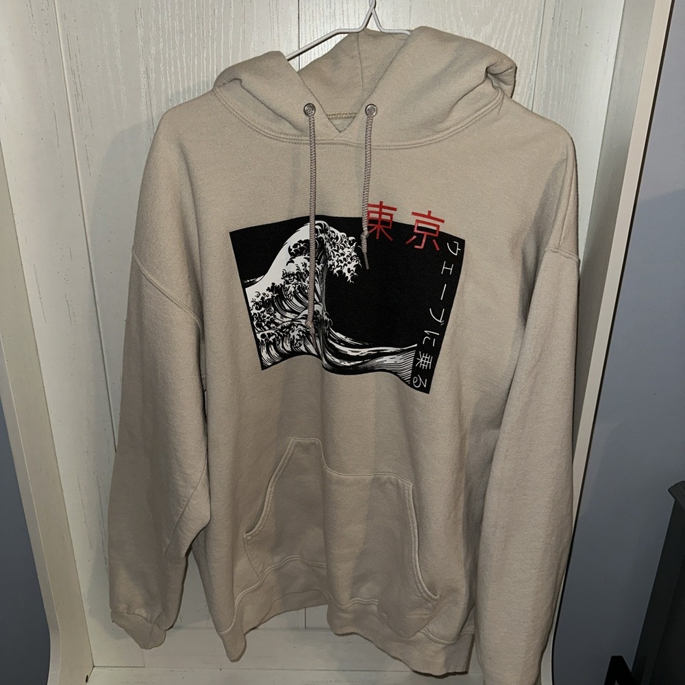 Bowery Supply Co Mens Hoodie Great Wave Tokyo Graphic Sand Beige Large
